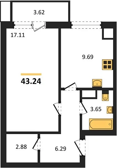 Квартира 1-комн. 43.24 кв. м