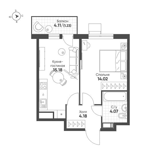 Квартира 1-комн. 38.59 кв. м