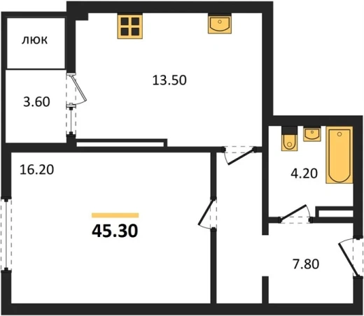 Квартира 1-комн. 45.3 кв. м