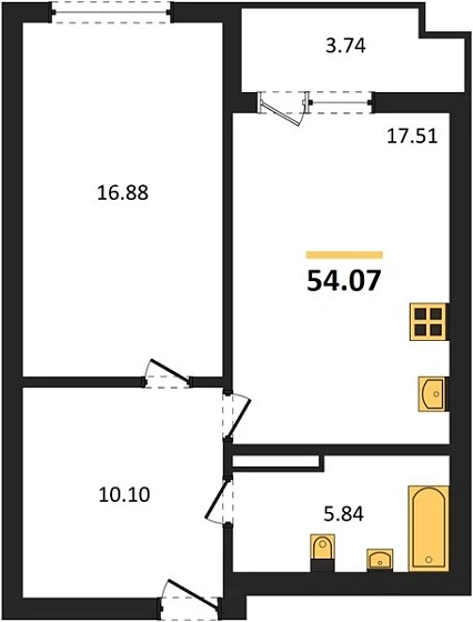 Квартира 1-комн. 54.07 кв. м
