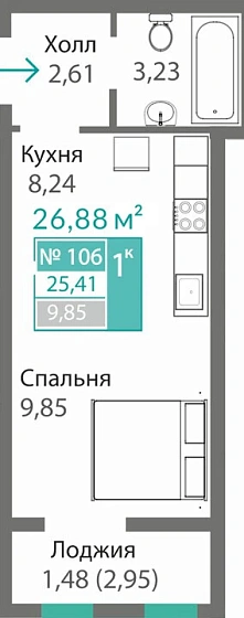Квартира 1-комн. 25.41 кв.м