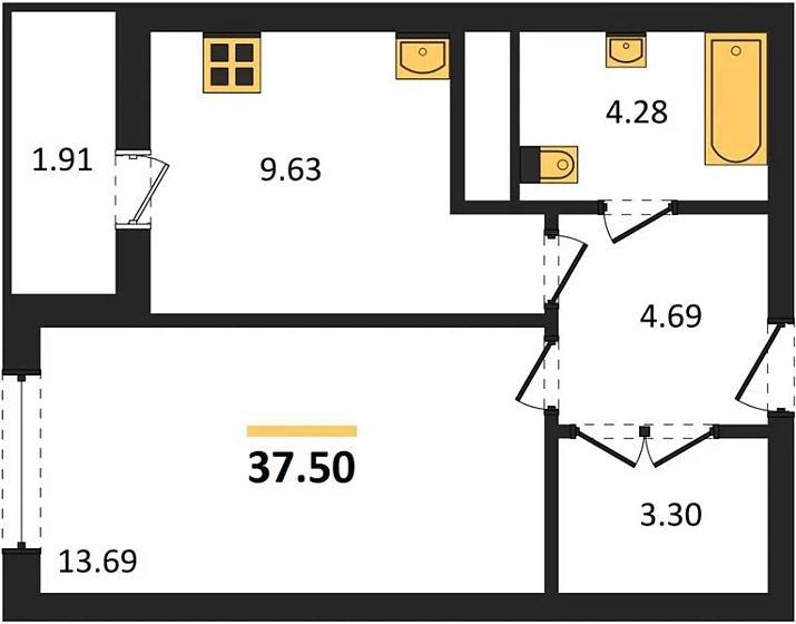 Квартира 1-комн. 37.5 кв. м