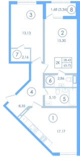 Квартира 2-комн. 65.75 кв. м