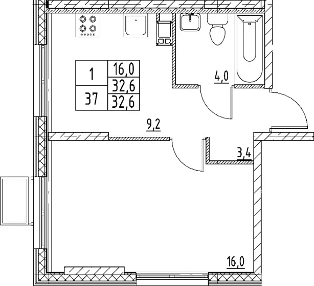 Квартира 1-комн. 32.6 кв. м