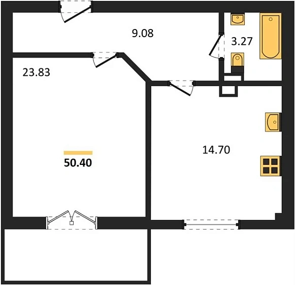Квартира 1-комн. 50.4 кв. м