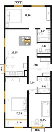 Квартира 3-комн. 94.03 кв. м