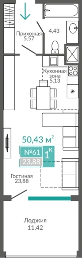 Апартаменты 1-комн. 50.43 кв.м