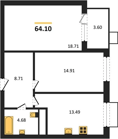 Квартира 2-комн. 64.1 кв. м