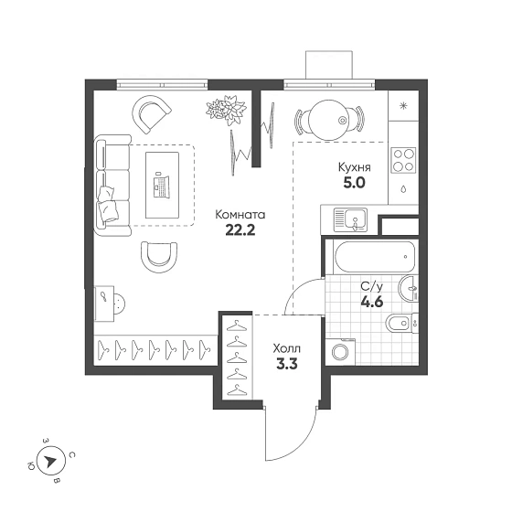 Квартира 1-комн. 35.1 кв. м