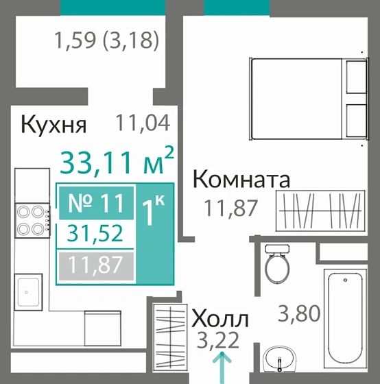 Квартира 1-комн. 31.52 кв.м