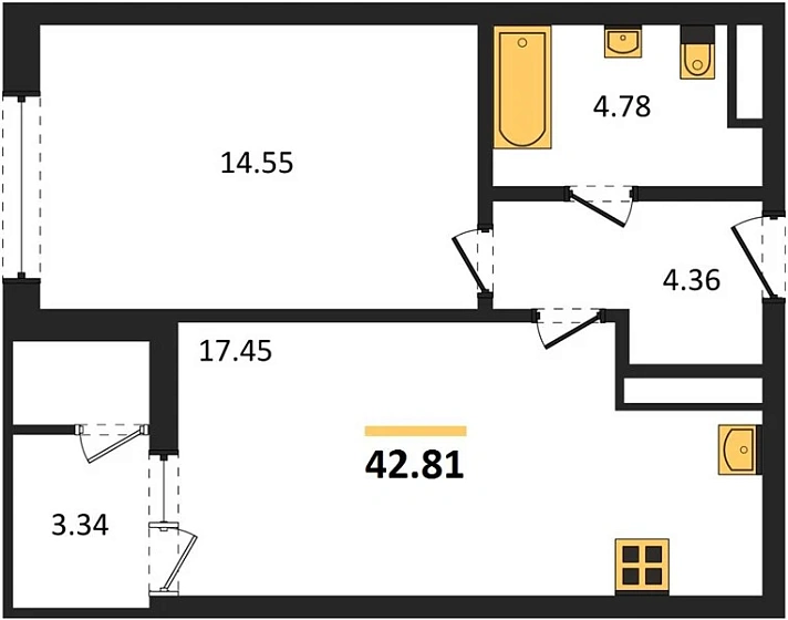 Квартира 1-комн. 42.81 кв. м