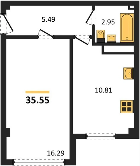Квартира 1-комн. 35.55 кв. м