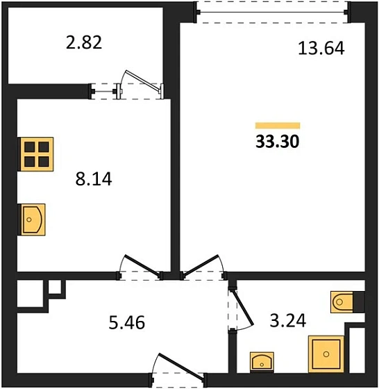 Квартира 1-комн. 33.3 кв. м
