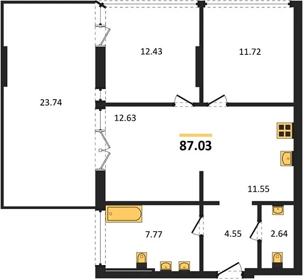 Квартира 3-комн. 87.03 кв. м