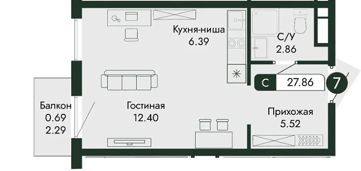Квартира Студия 27.86 кв. м