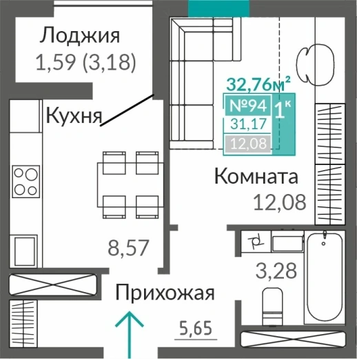 Квартира 1-комн. 31.17 кв.м