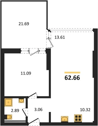 Квартира 2-комн. 62.66 кв. м