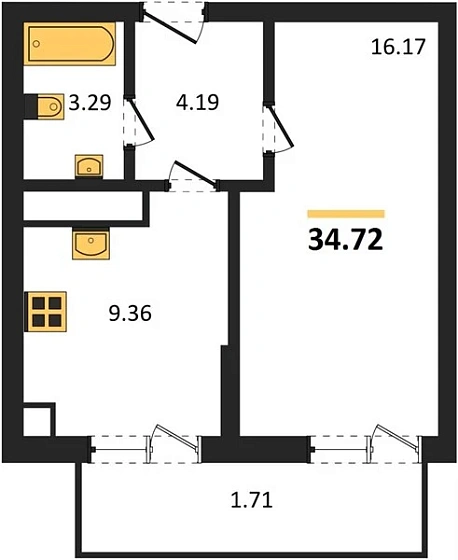 Квартира 1-комн. 34.72 кв. м
