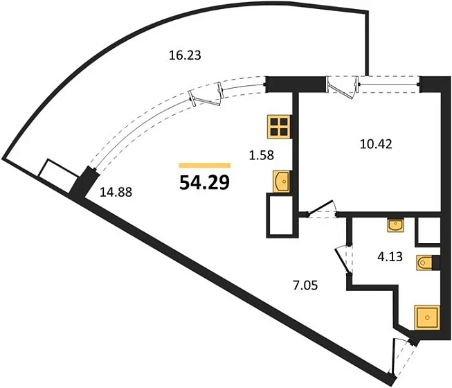 Апартаменты 1-комн. 54.29 кв. м