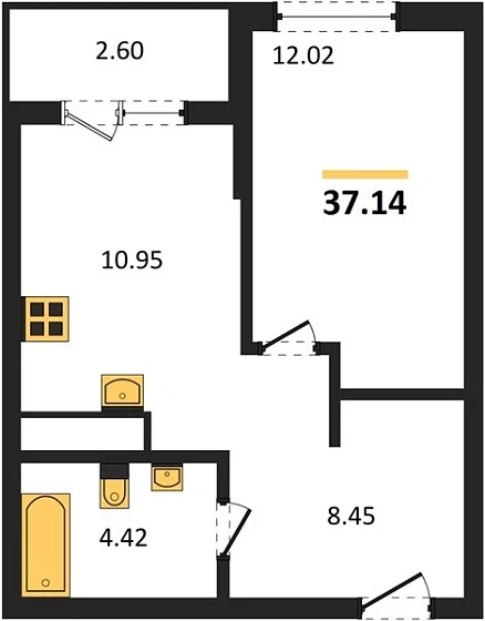 Квартира 1-комн. 37.14 кв. м