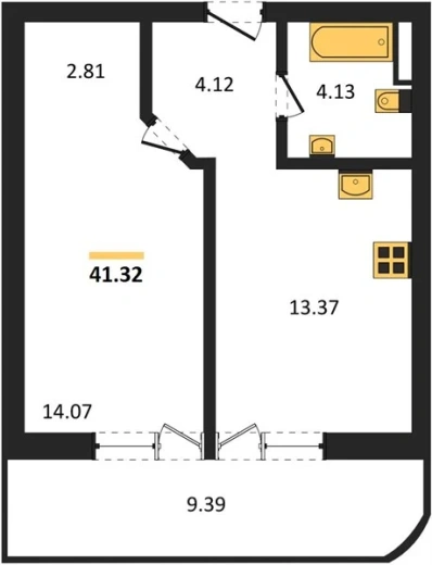 Квартира 1-комн. 41.32 кв. м