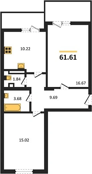 Квартира 2-комн. 61.61 кв. м