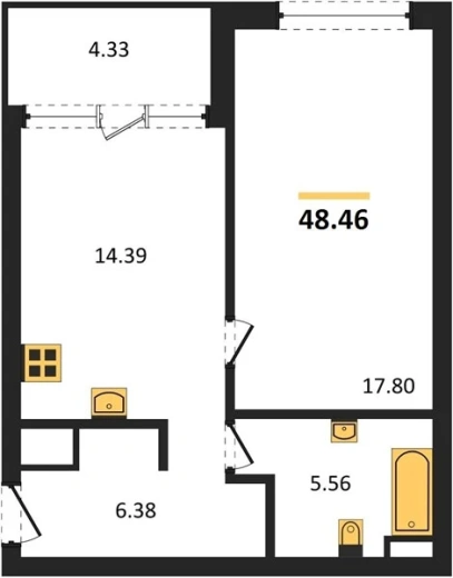 Квартира 1-комн. 48.46 кв. м