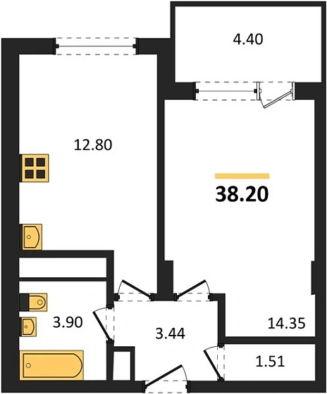 Квартира 1-комн. 38.2 кв. м