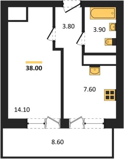 Квартира 1-комн. 38 кв. м