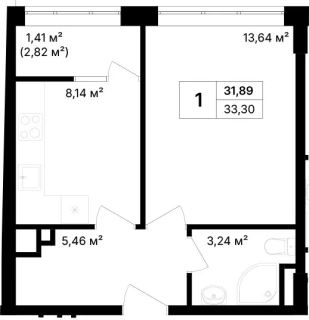 Квартира 1-комн. 33.3 кв. м