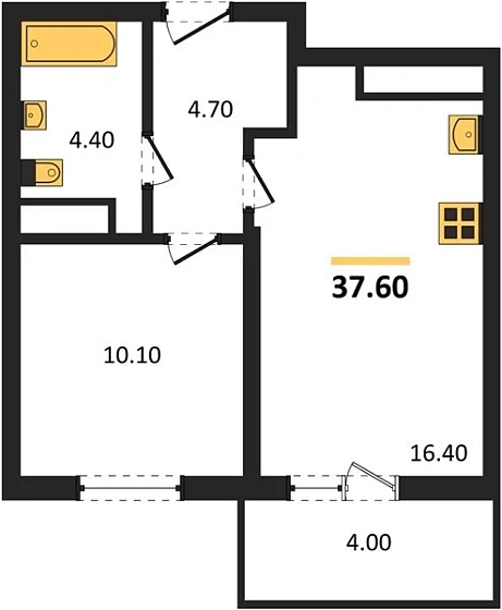 Квартира 1-комн. 37.6 кв. м