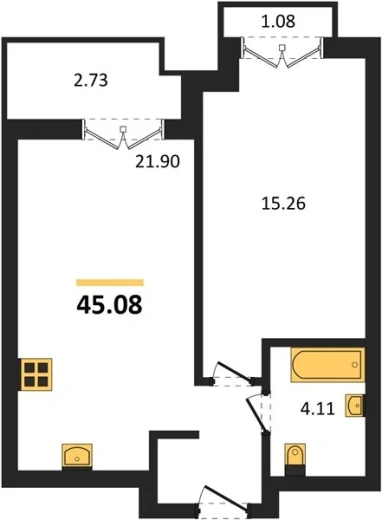 Квартира 1-комн. 45.08 кв. м