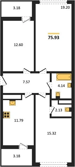 Квартира 3-комн. 75.93 кв. м