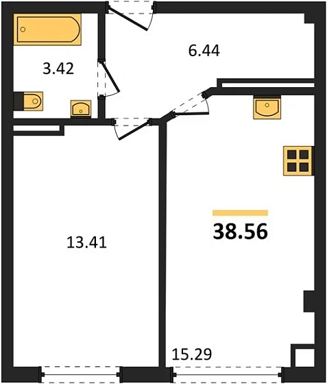 Квартира 1-комн. 38.56 кв. м