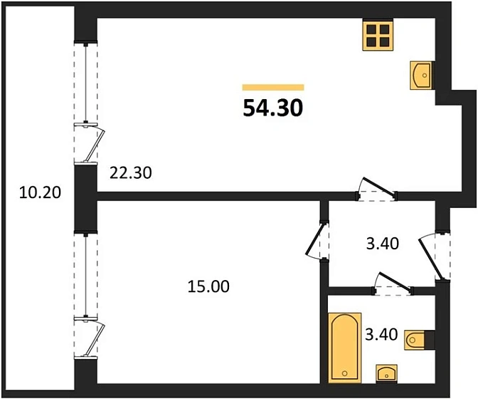 Апартаменты 1-комн. 54.3 кв. м