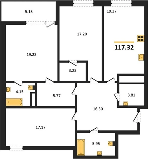 Квартира 3-комн. 117.32 кв. м