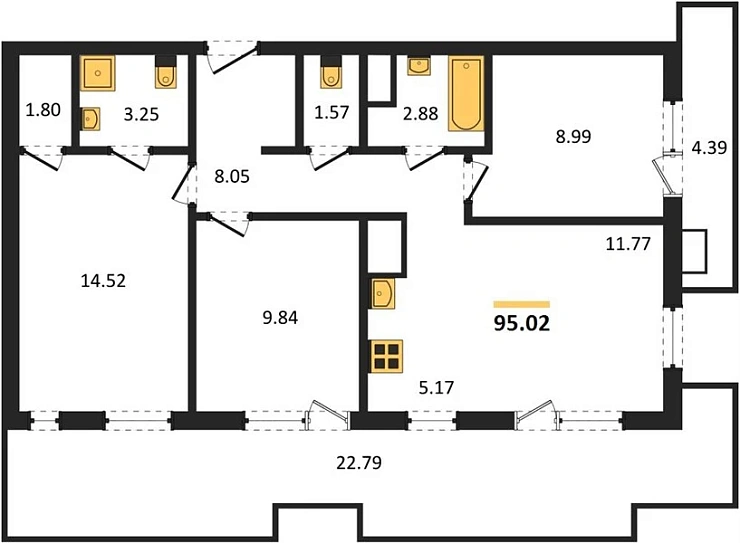 Апартаменты 3-комн. 95.02 кв. м