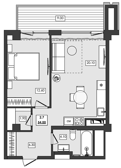 Апартаменты 2-комн. 54 кв. м