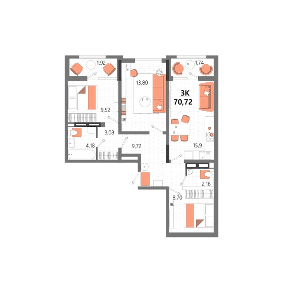 Квартира 3-комн. 70.72 кв. м