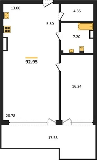 Апартаменты 1-комн. 92.95 кв. м