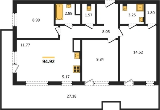 Апартаменты 3-комн. 94.92 кв. м