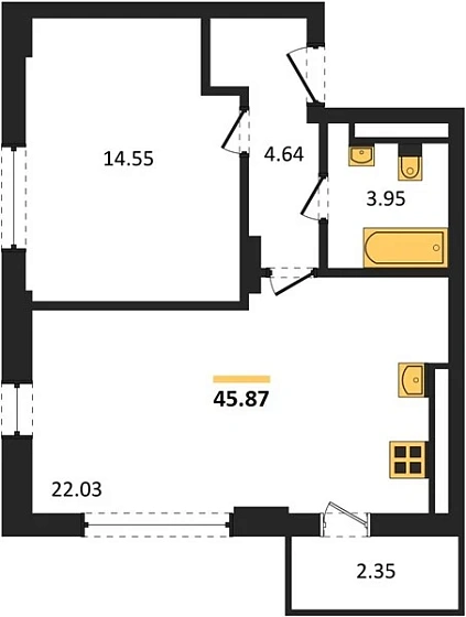 Квартира 1-комн. 45.87 кв. м