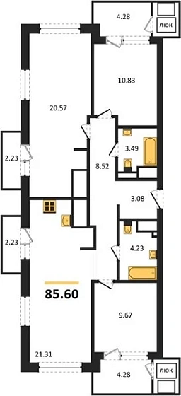 Квартира 3-комн. 85.6 кв. м