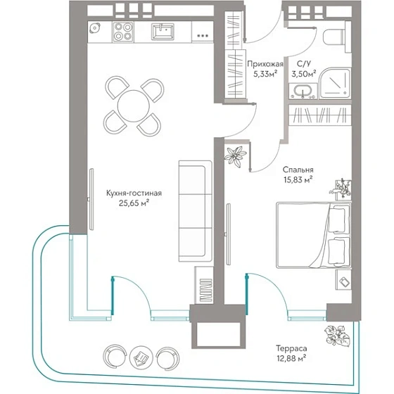 Квартира 1-комн. 63.19 кв. м