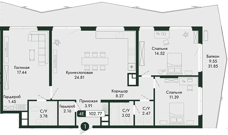 Квартира 3-комн. 102.77 кв. м