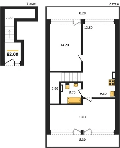 Апартаменты 2-комн. 82 кв. м