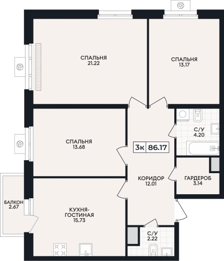 Квартира 3-комн. 86.17 кв. м
