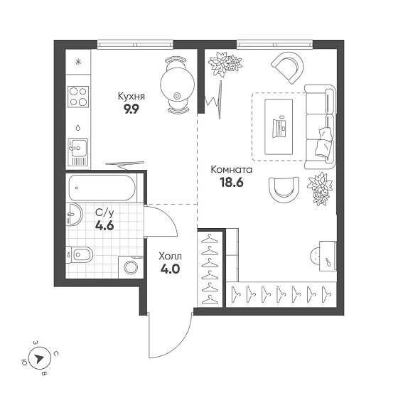 Квартира 1-комн. 37.1 кв. м