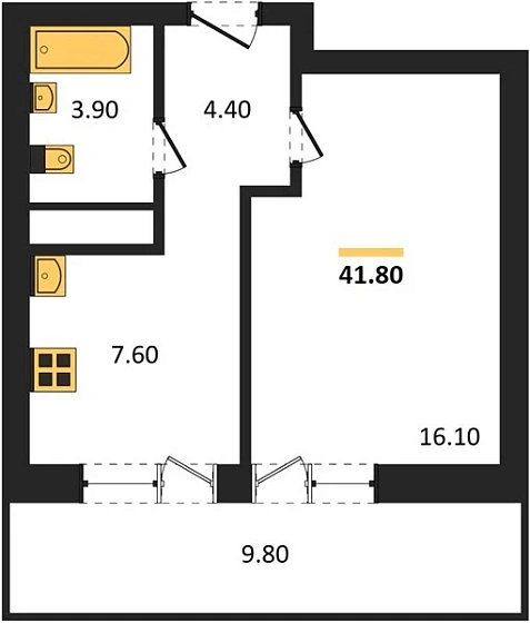 Квартира 1-комн. 41.8 кв. м