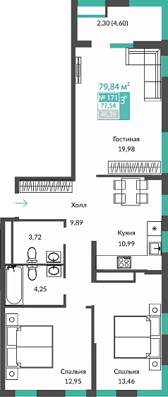 Квартира 3-комн. 77.54 кв.м